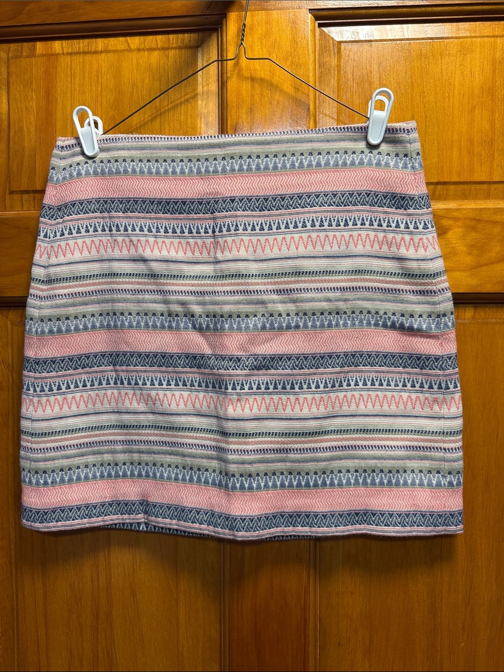 LOFT Coral and Blue Patterned A-Line Skirt